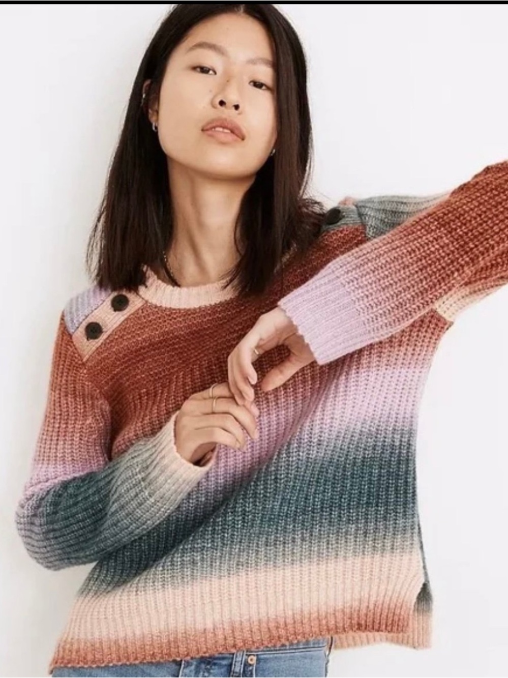 Madewell Multicolor Striped Button-Shoulder chunky Crewneck knit Sweater S